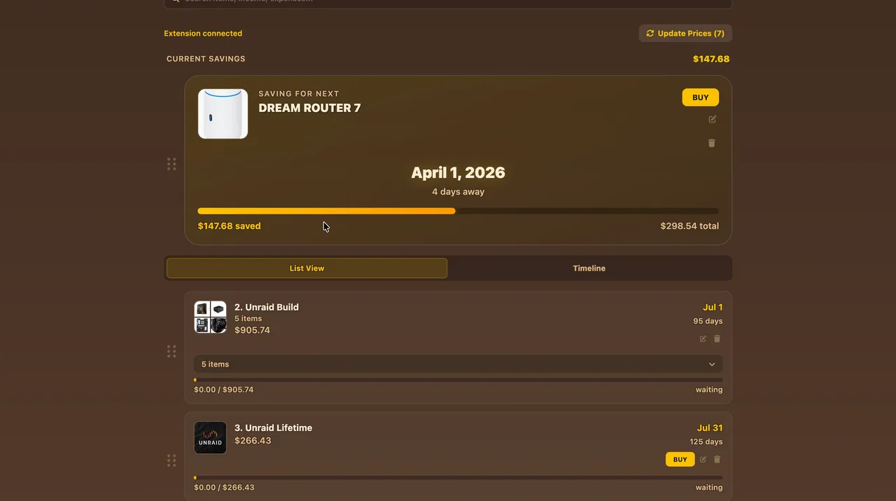 Track your savings progress in list view